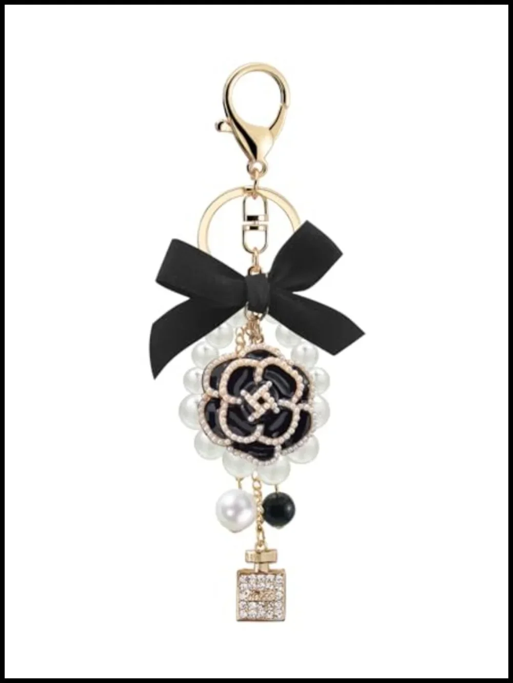 Metal Camellia Flower Bag Charm Keychain with Pearl, Bow-Knot Dangle for